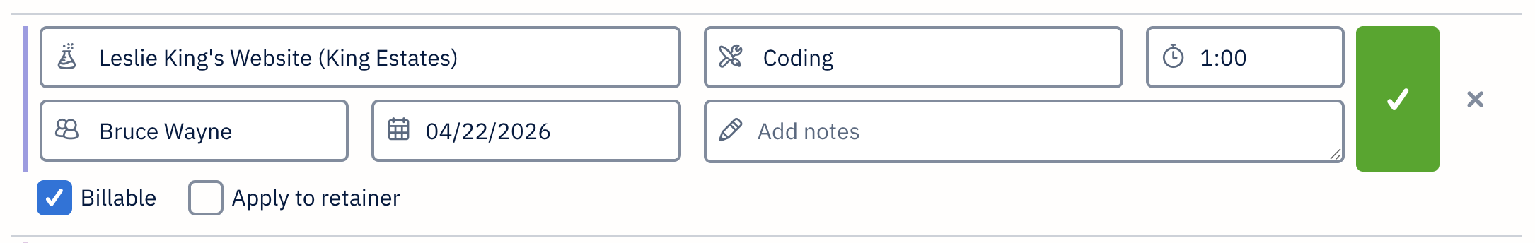 Specific time entry selected with fields available to edit.