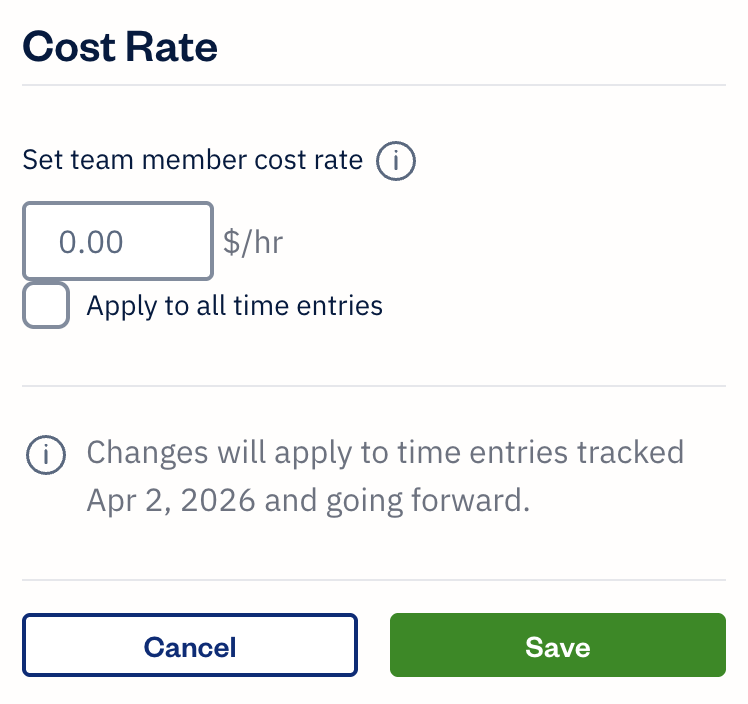 Set Cost Rates section with fields to fill out.
