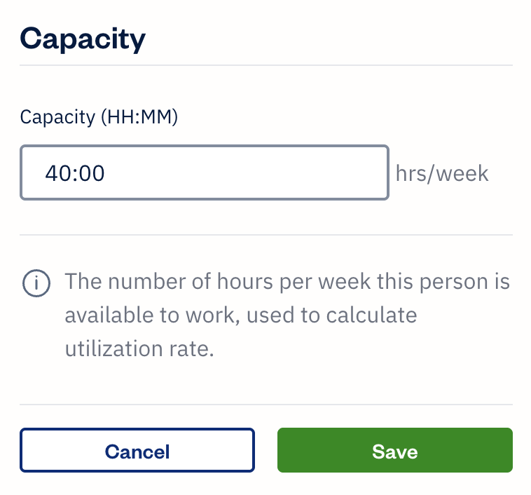 Capacity option with a field to fill out.