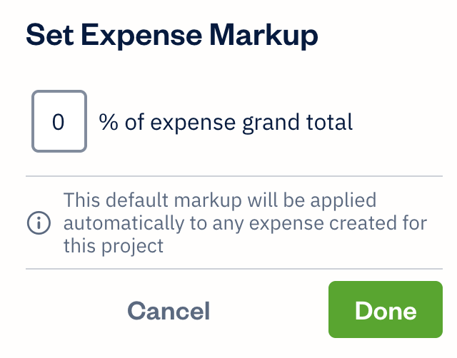 Project settings with set expense markup visible with a field to specify markup percentage.