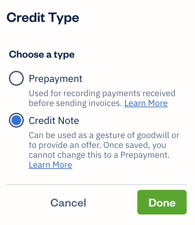 Credit Type settings with credit note option selected.