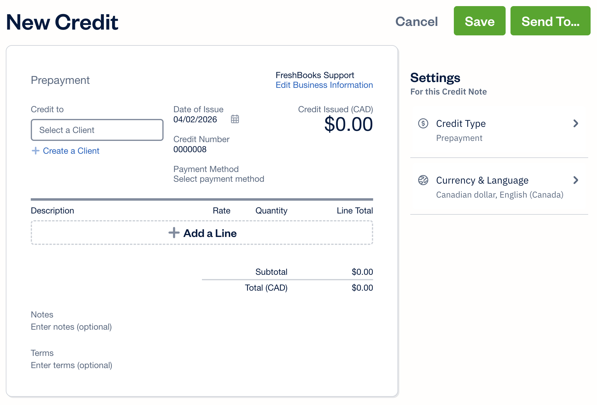 Prepayment cedit creation screen with fields to fill out.