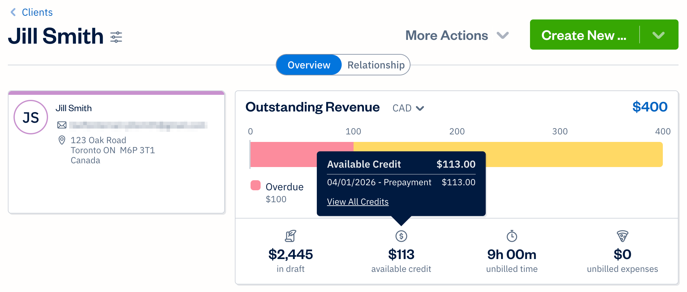Client profile showing available credit in outstanding revenue tile.