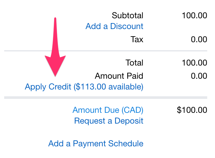 Apply credit link on invoice under the total and amount paid line items.