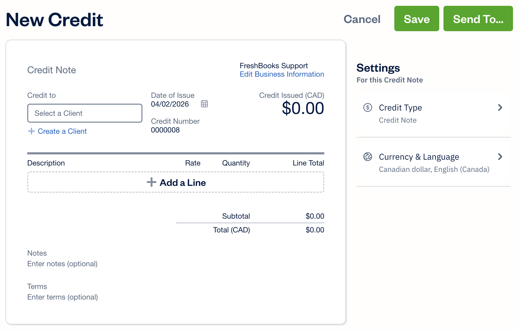 Credit note creation screen with fields to fill out.