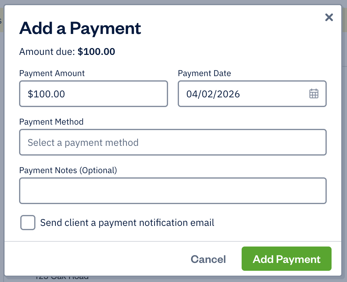 Add a payment pop-up with fields to fill out for marking invoice as paid.