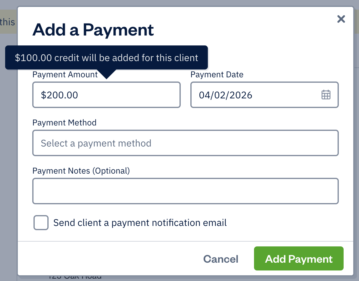Add a payment with a notification of an extra 100.00 credit being added.