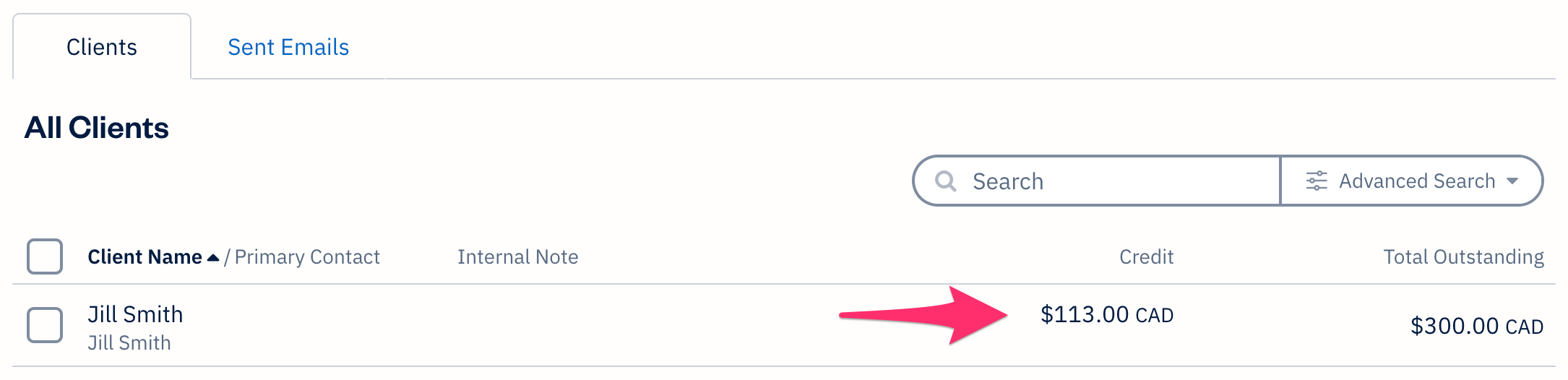 List of clients with credit balance column.