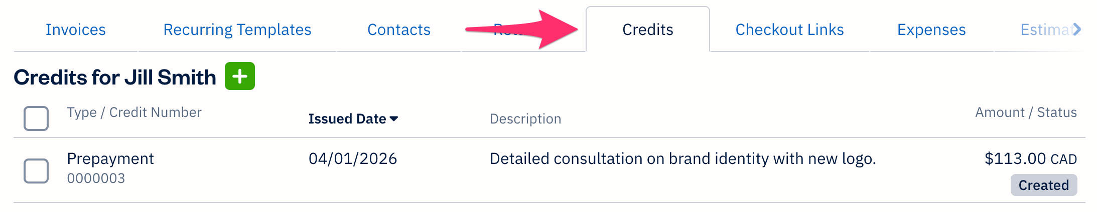 Client profile with Credits sub-tab selected with one credit listed.