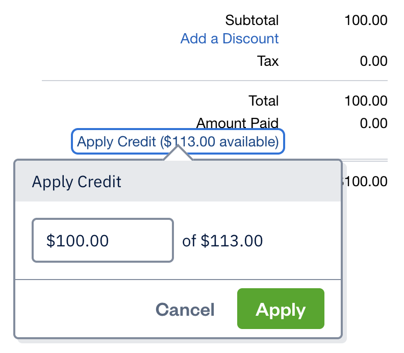 Apply credit box on invoice with a field to edit total credit.
