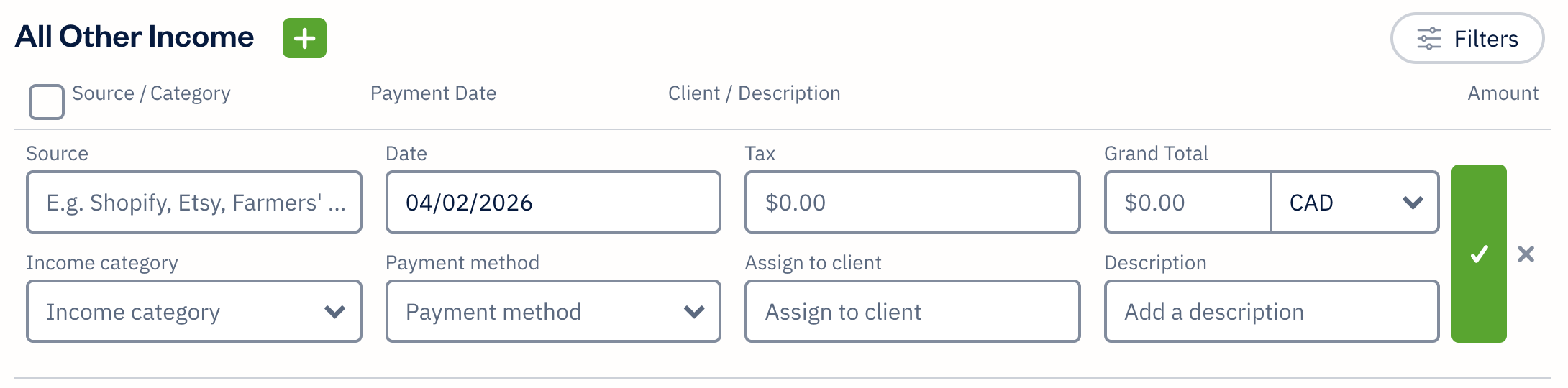 Other Income quick entry with fields to fill out.