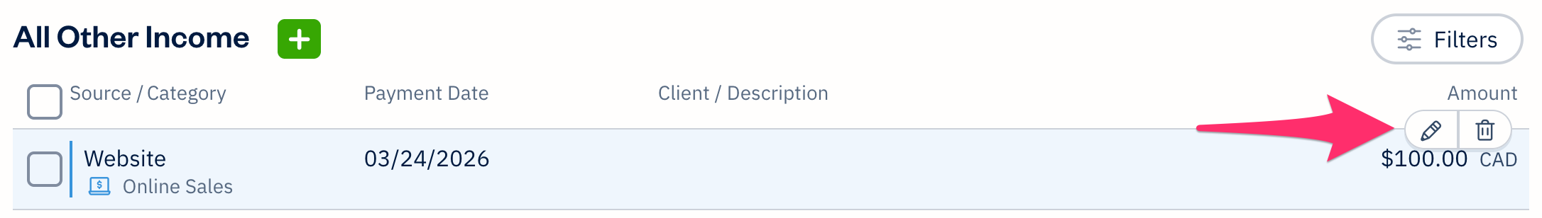 Quick actions bar with two buttons over an other income row.