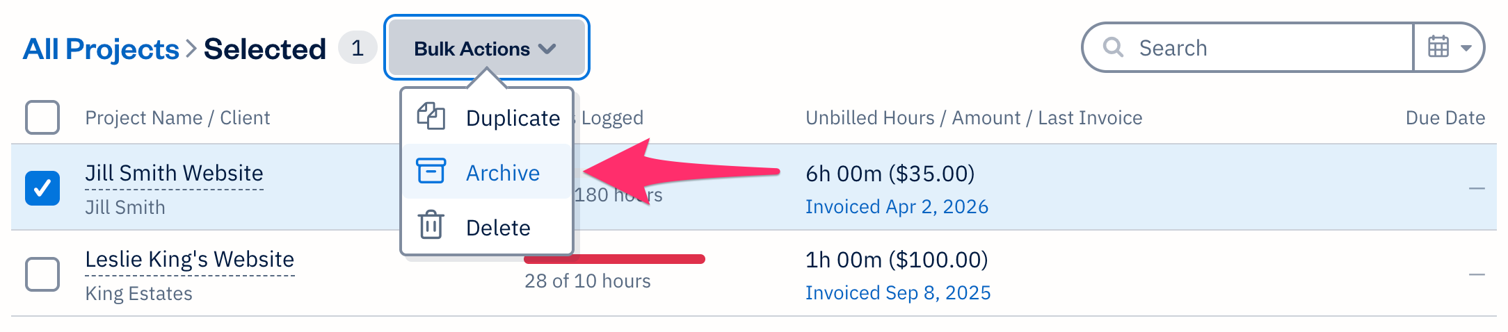 List of projects with bulk actions open and archive selected.