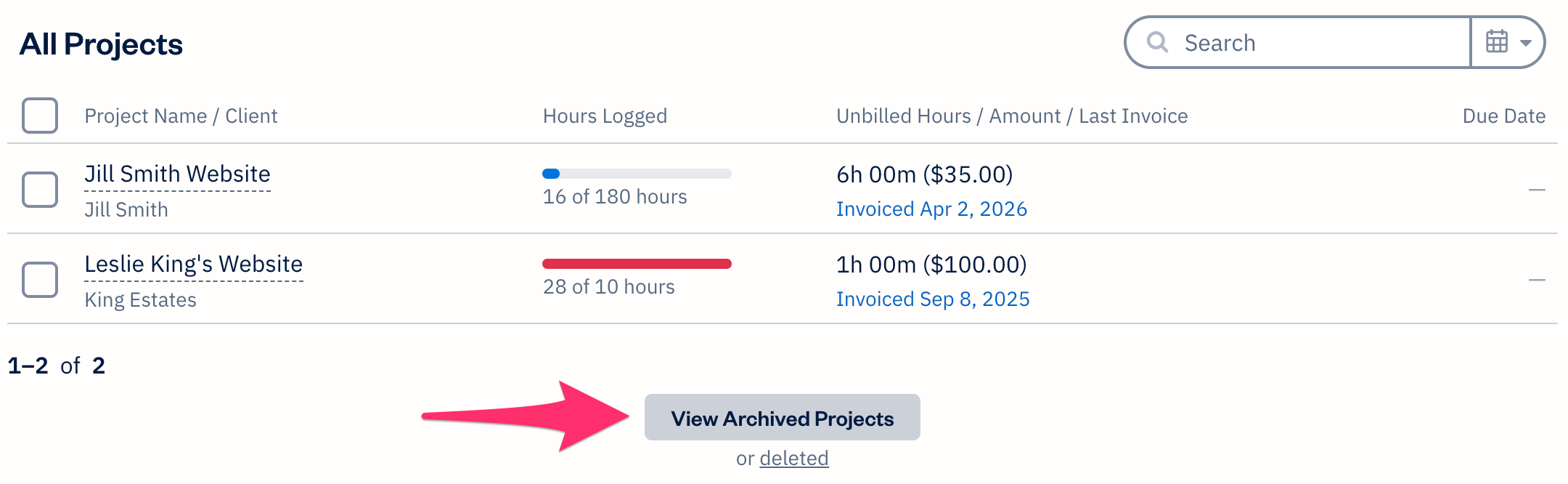 View archived projects button at bottom of list of projects.