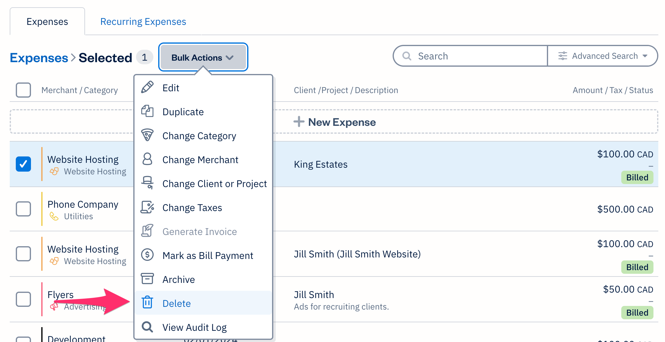 List of expenses with bulk actions open and delete selected.