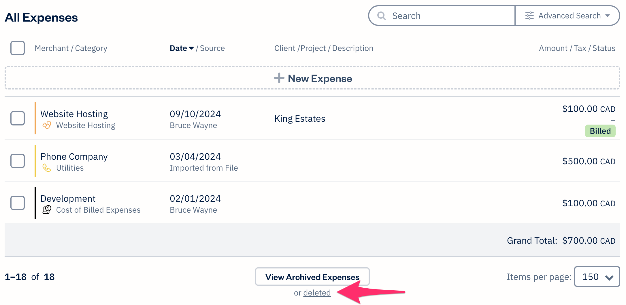 View deleted link at bottom of list of expenses.