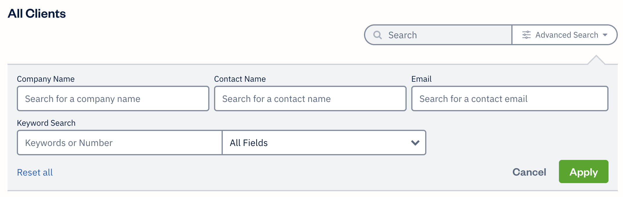 Clients advanced search with extra fields to filter results by.