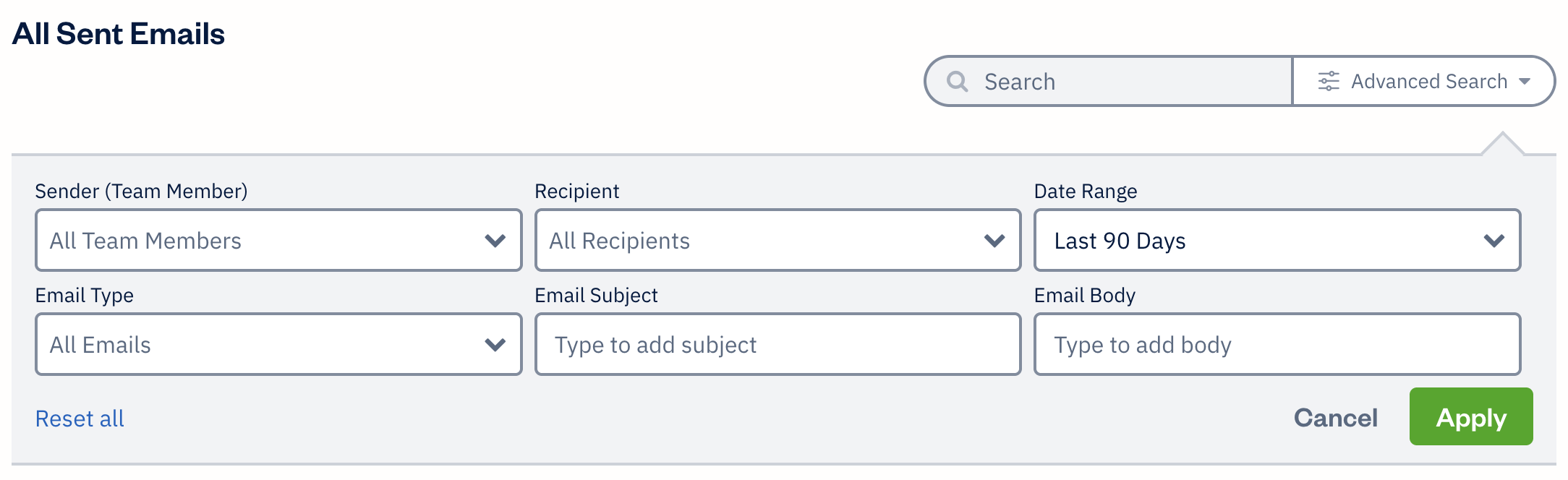 Sent emails advanced search with extra fields to filter results by.