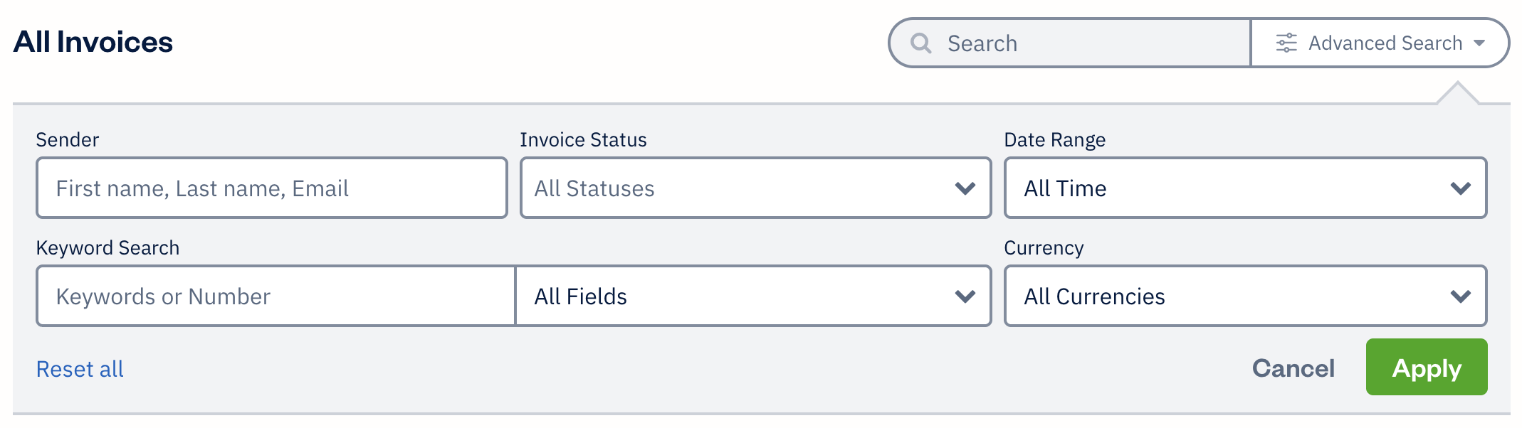 Received invoices advanced search with extra fields to filter results by.