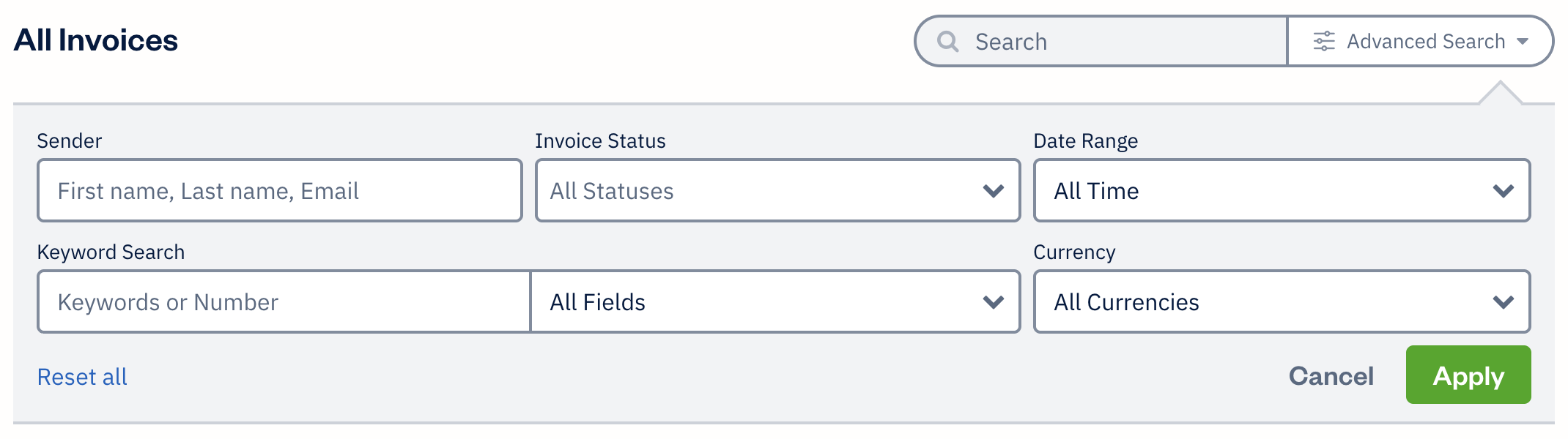 Invoice advanced search in client account with extra fields to filter results by.