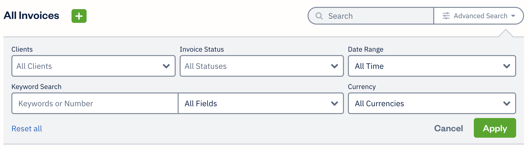 Invoice advanced search with extra fields to filter results by.