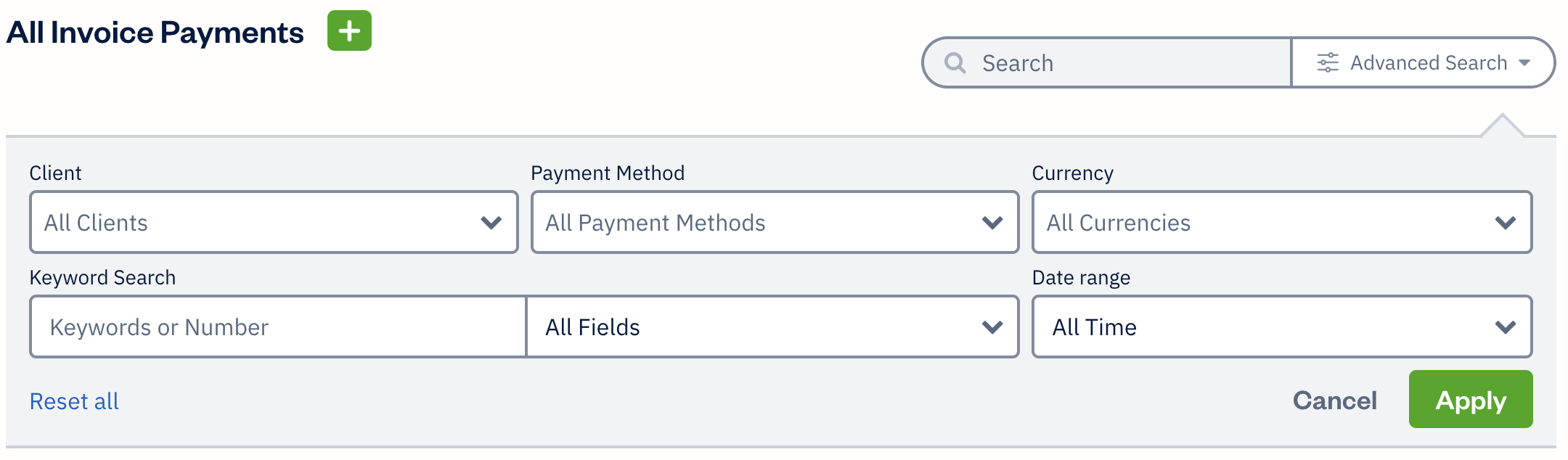 Invoice payments advanced search with extra fields to filter results by.