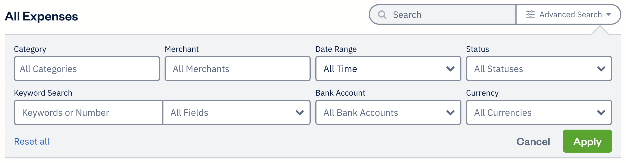 Expense advanced search with extra fields to filter results by.