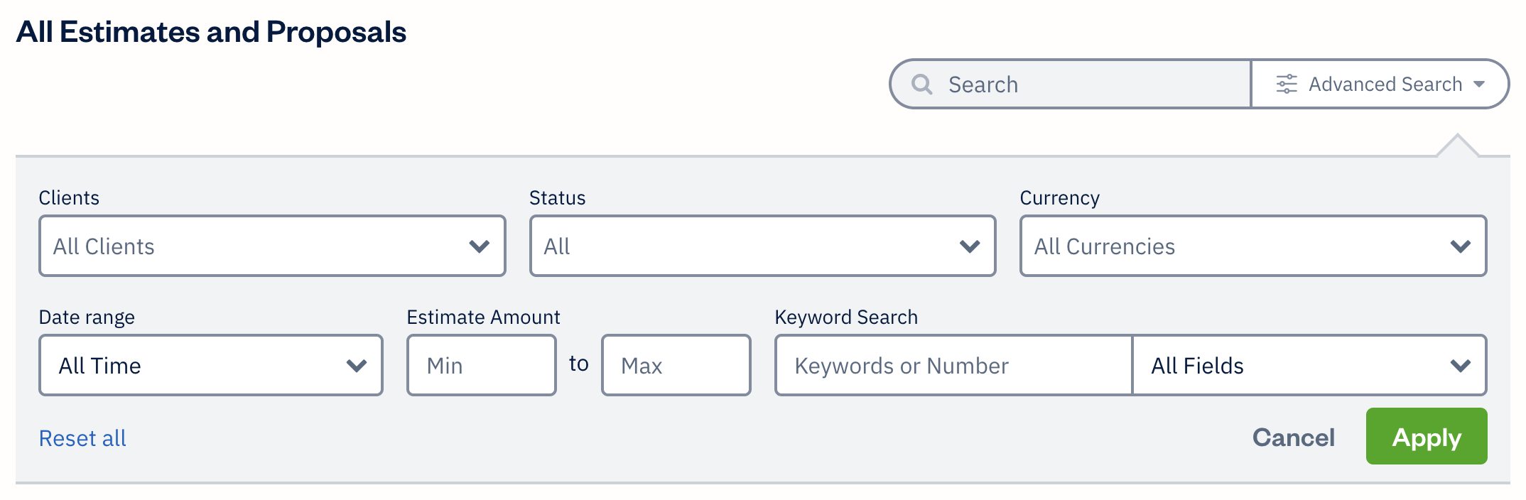 Estimates and proposals advanced search with extra fields to filter results by.