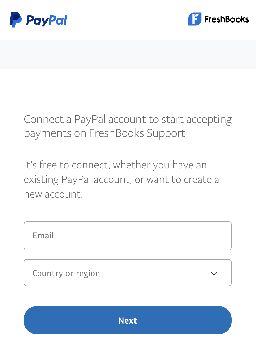 Email and country fields to set up PayPal.