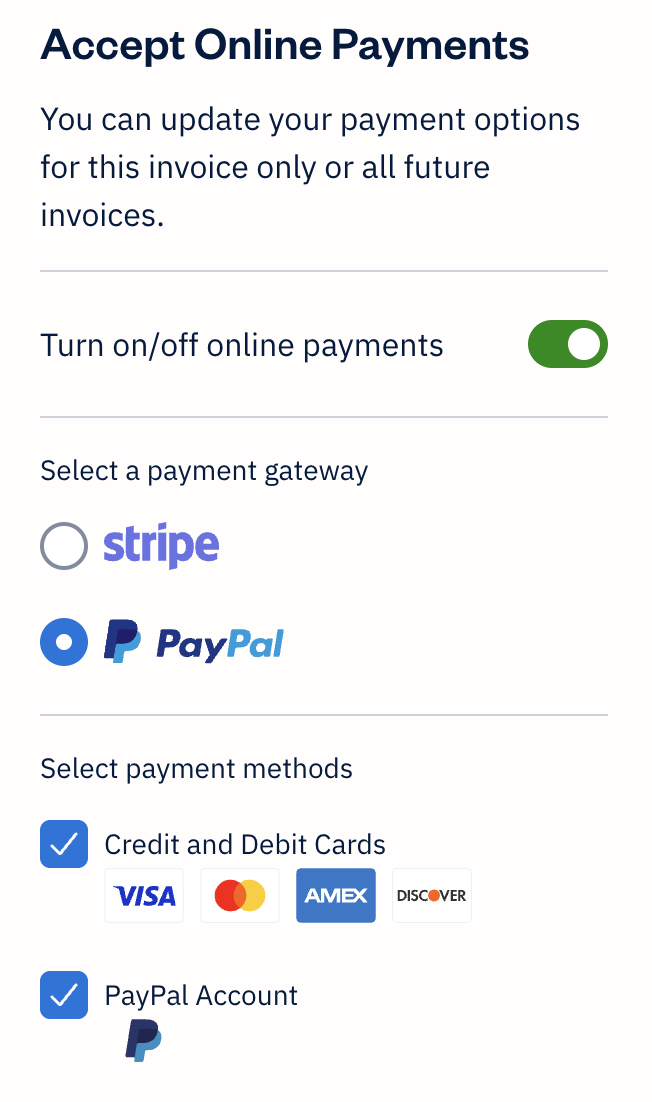 PayPal selected as a payment option for invoice.
