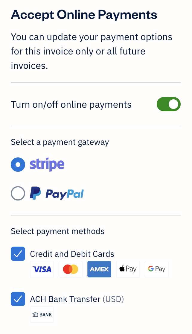 Stripe selected as a payment option for invoice.