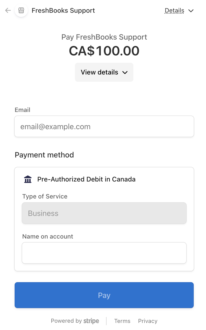 PAD payment window with fields to fill out.