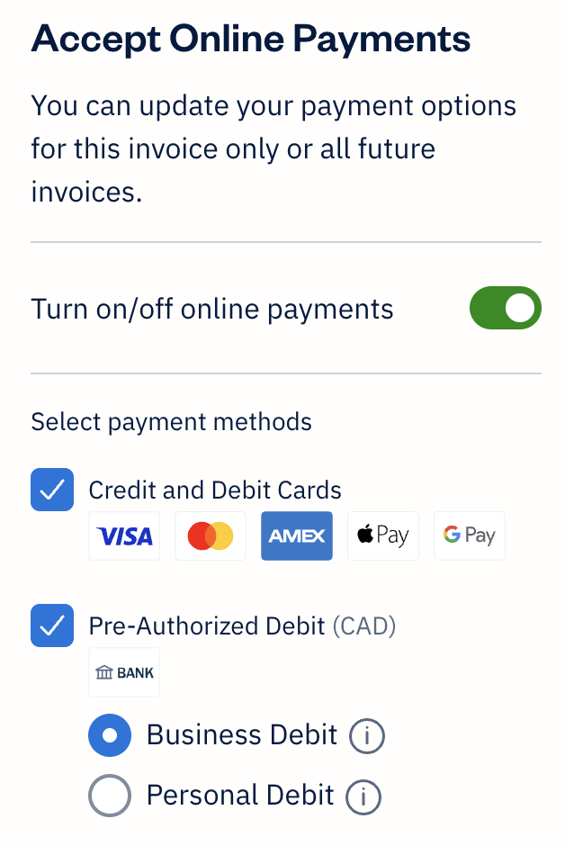 Accept online payments with credit and debit cards and pre-authorized debit checked off, with business debit selected.