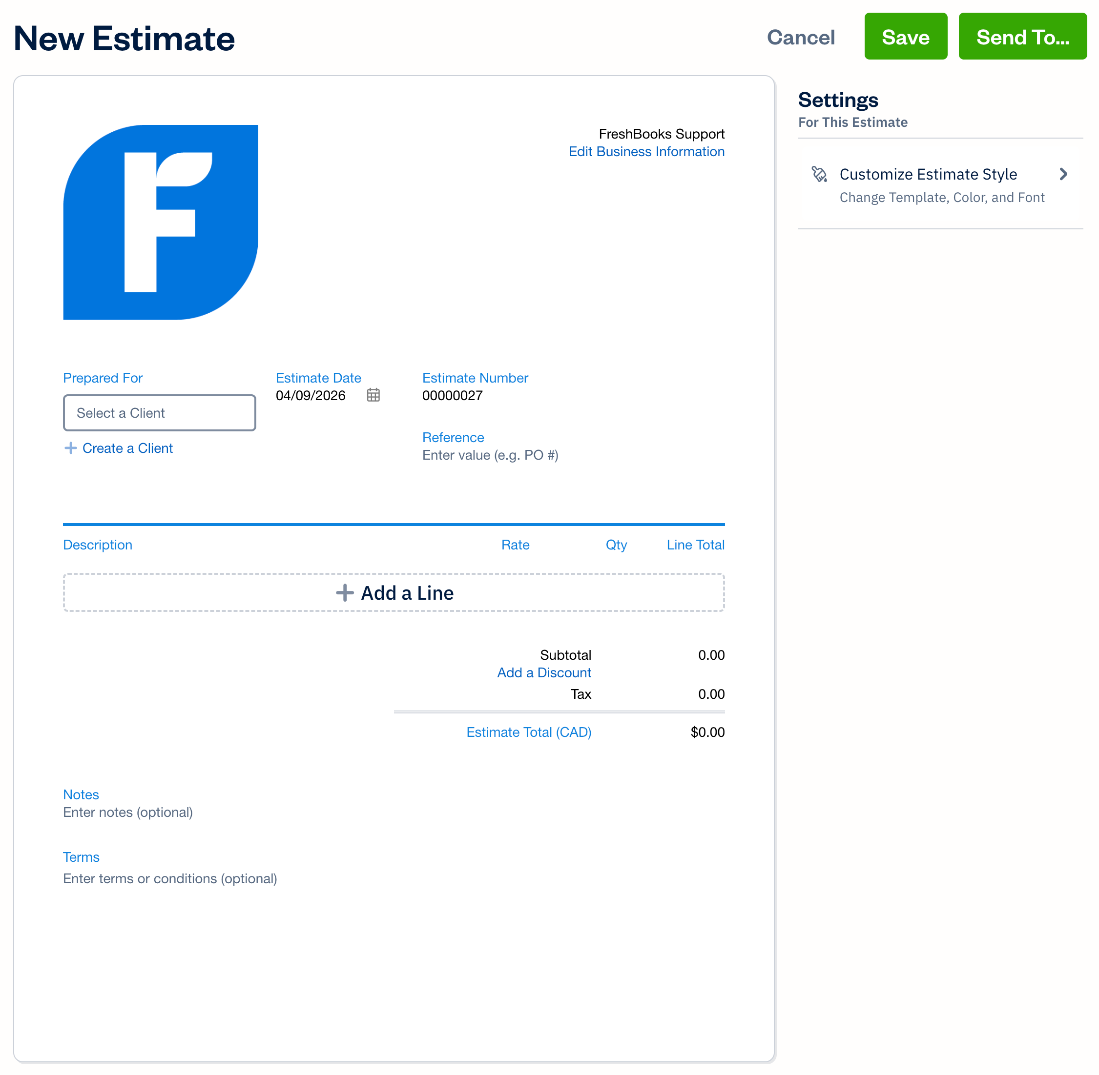 New estimate with fields to fill out.