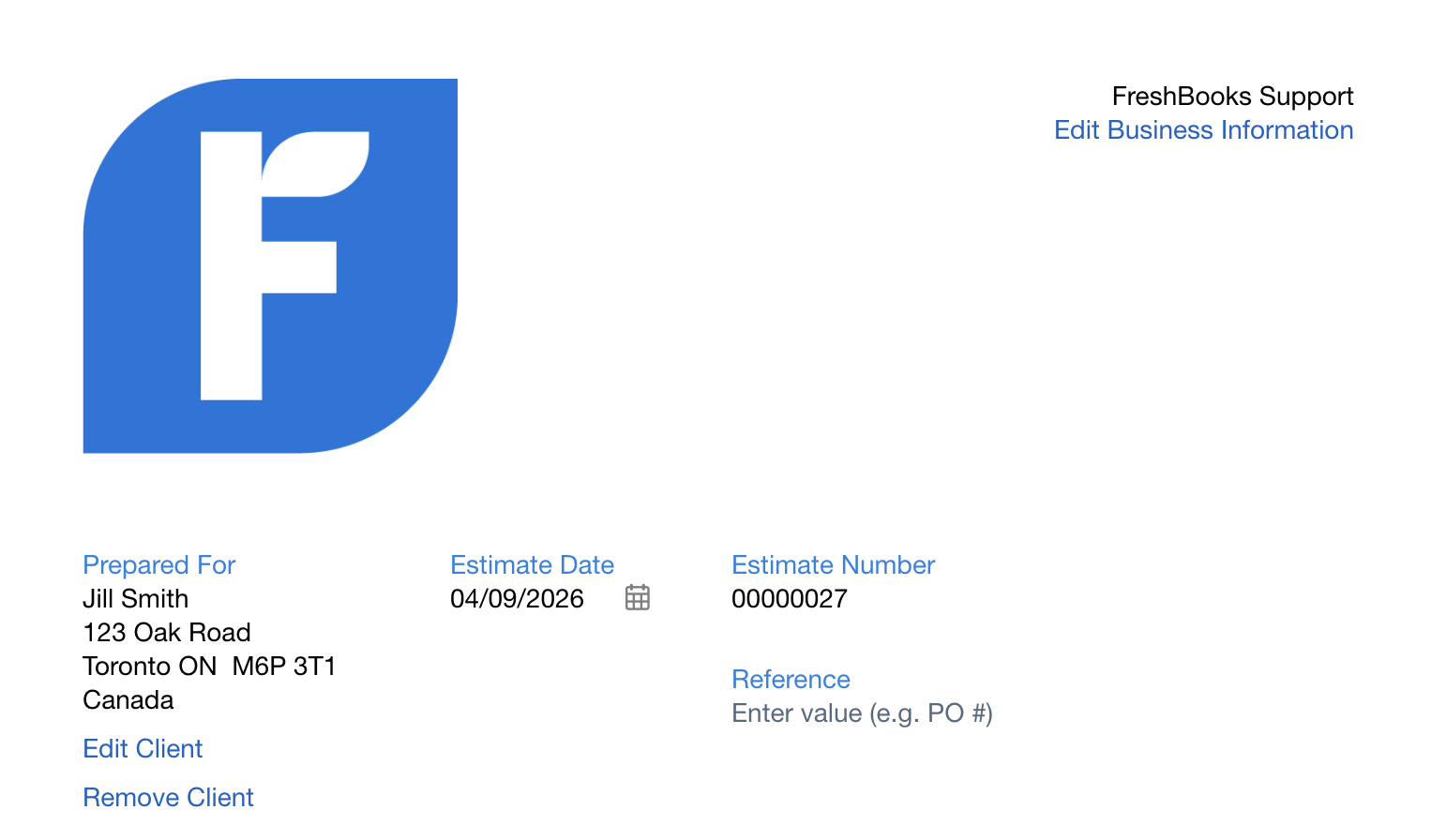 Top of estimate showing company and client details along with estimate number and date.