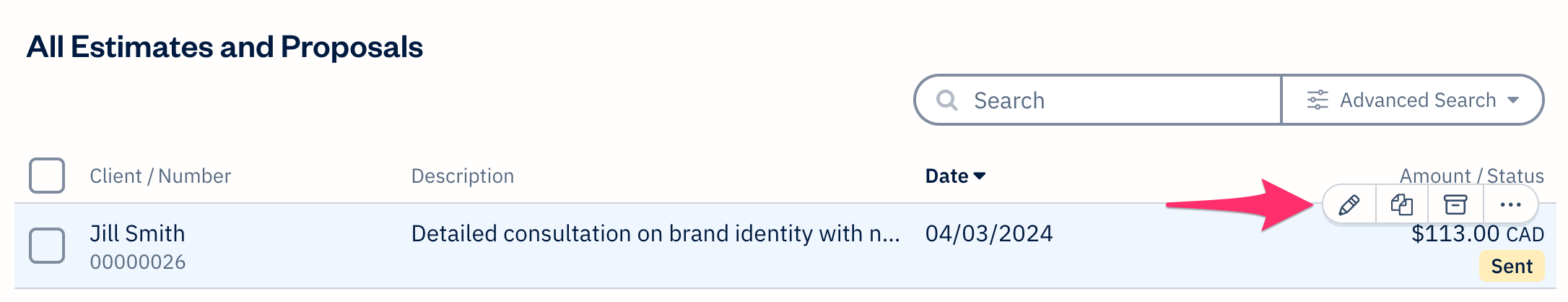 Quick actions bar on an estimate from list of estimates.