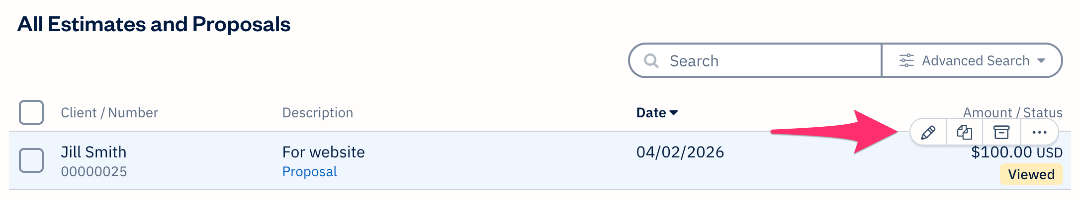 Quick actions bar on a proposal from list of estimates and proposals.
