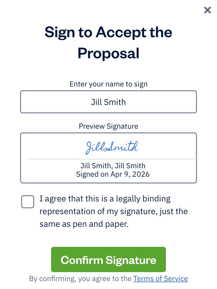 Proposal with a signature pop-up showing signature.