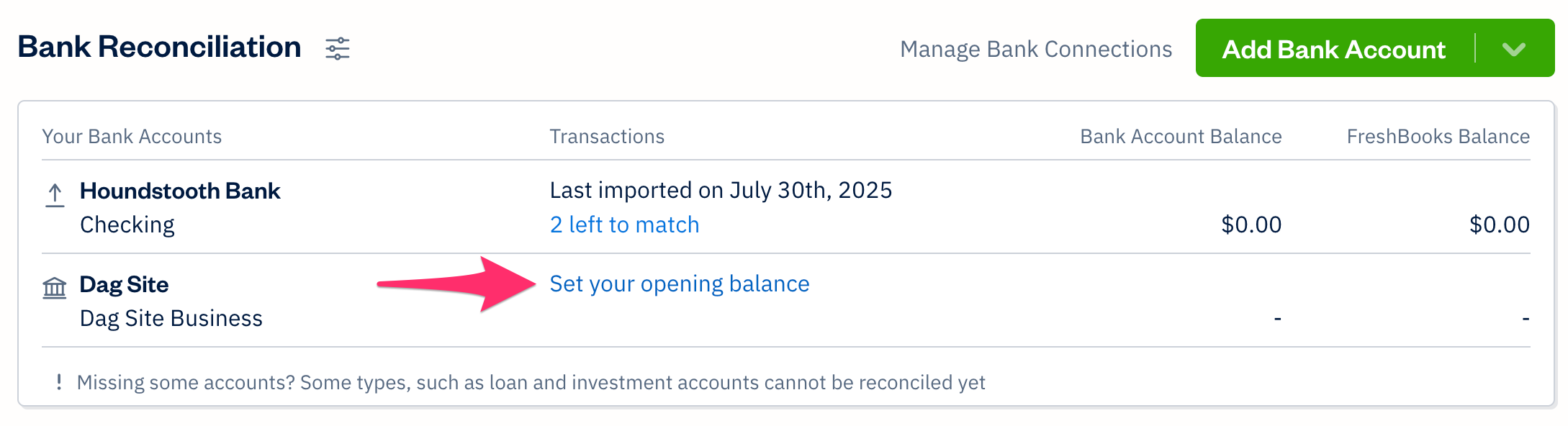 Set opening balance link inside Bank Rec widget.