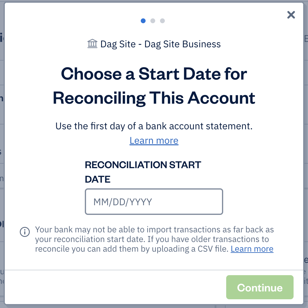 Choose start date with field for reconciliation start date.