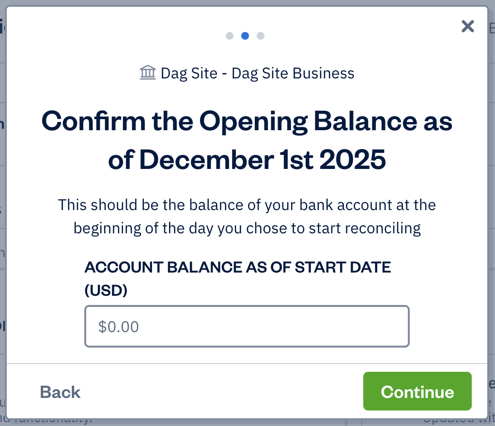 Opening balance with field to enter account balance.