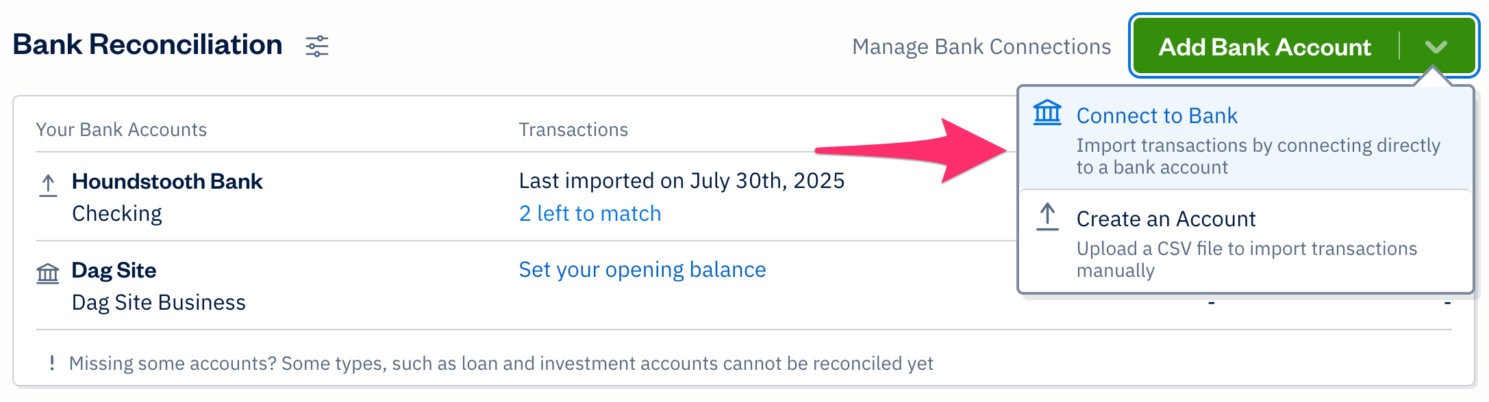 Add bank account button with connect to bank option selected.