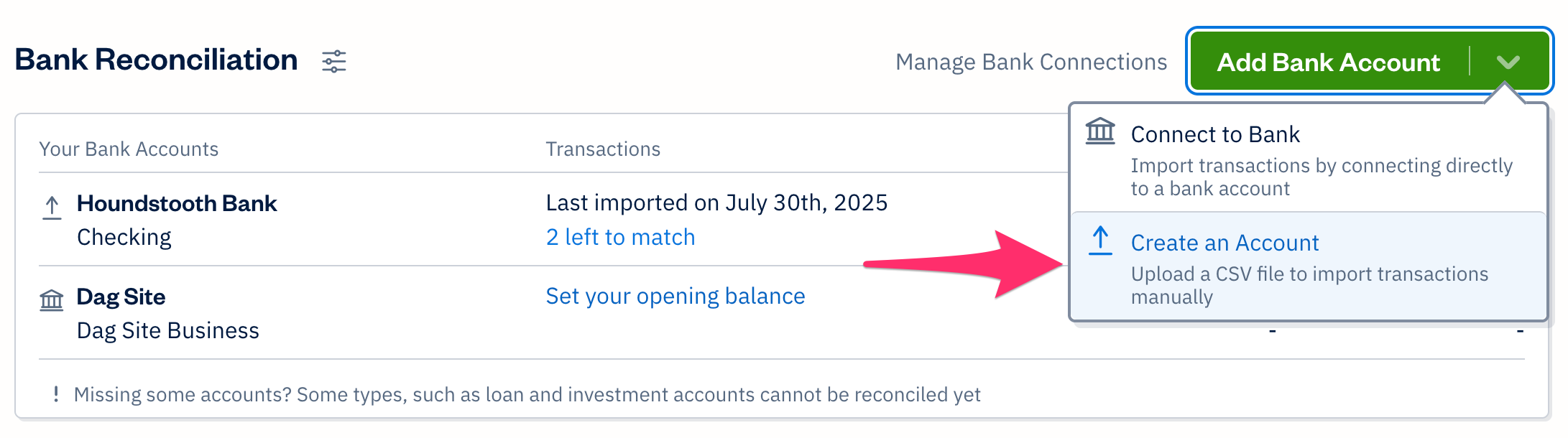 Add bank account button with create an account option selected.