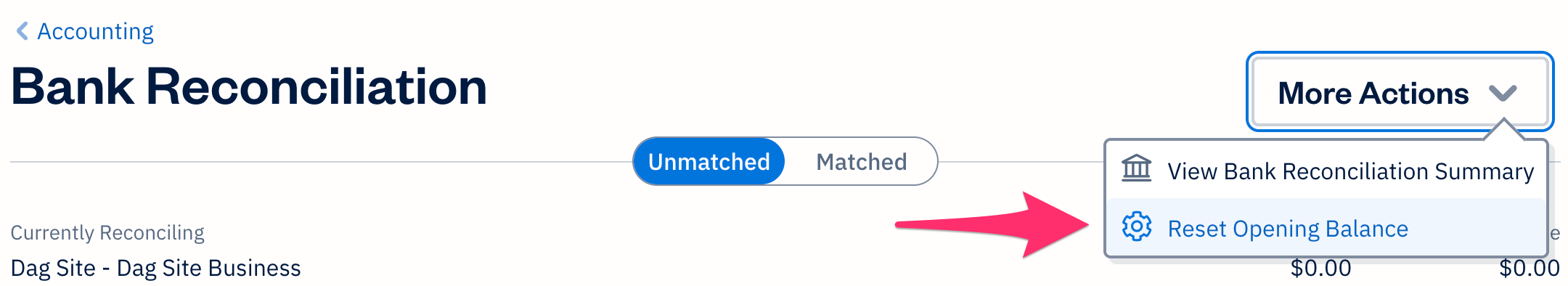 Reset opening balance button under More Actions.