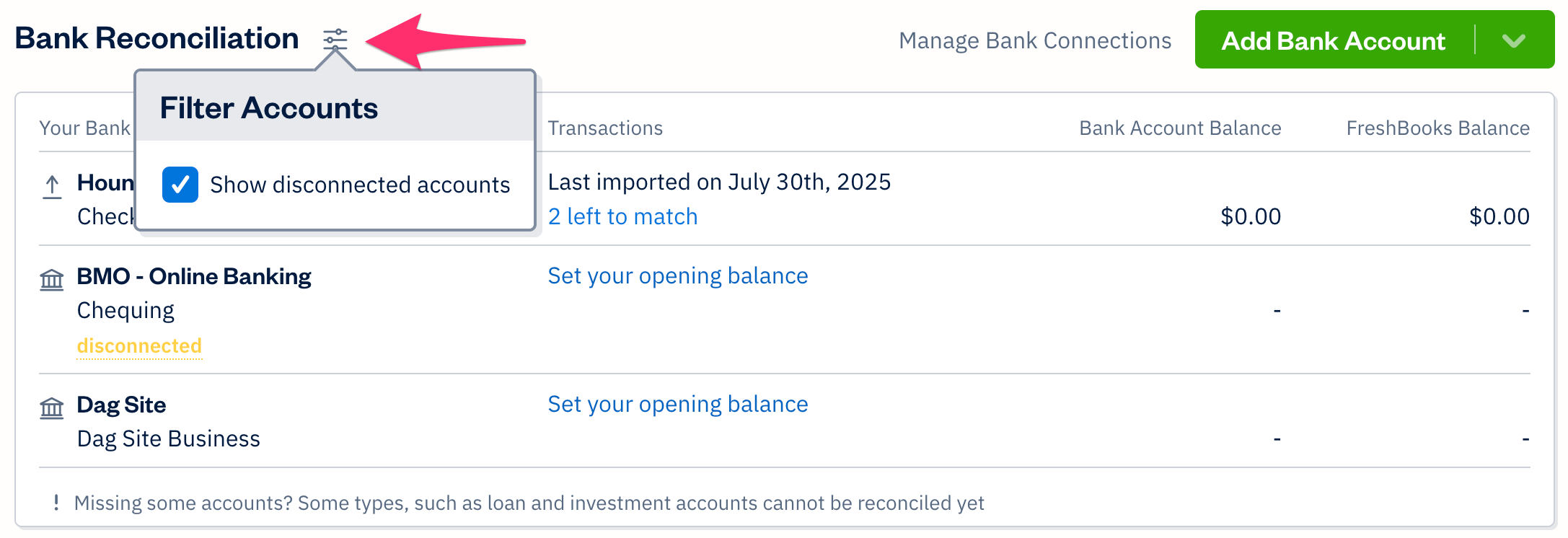 Checkbox to show disconnected accounts in bank rec widget.