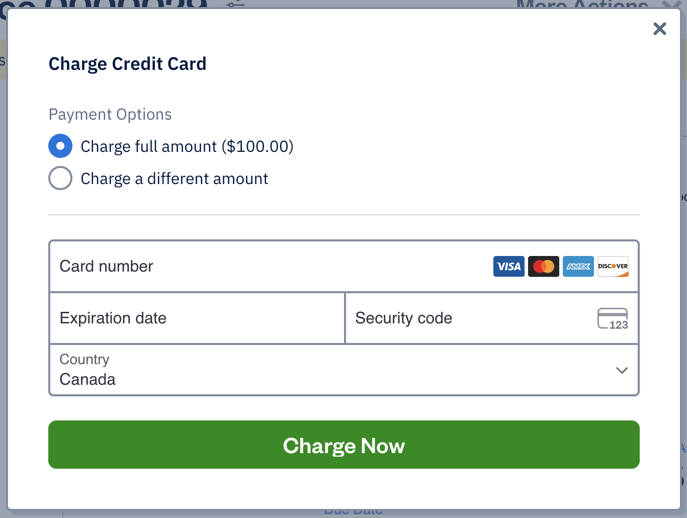 Charge credit card pop-up with fields to fill out for payment information.