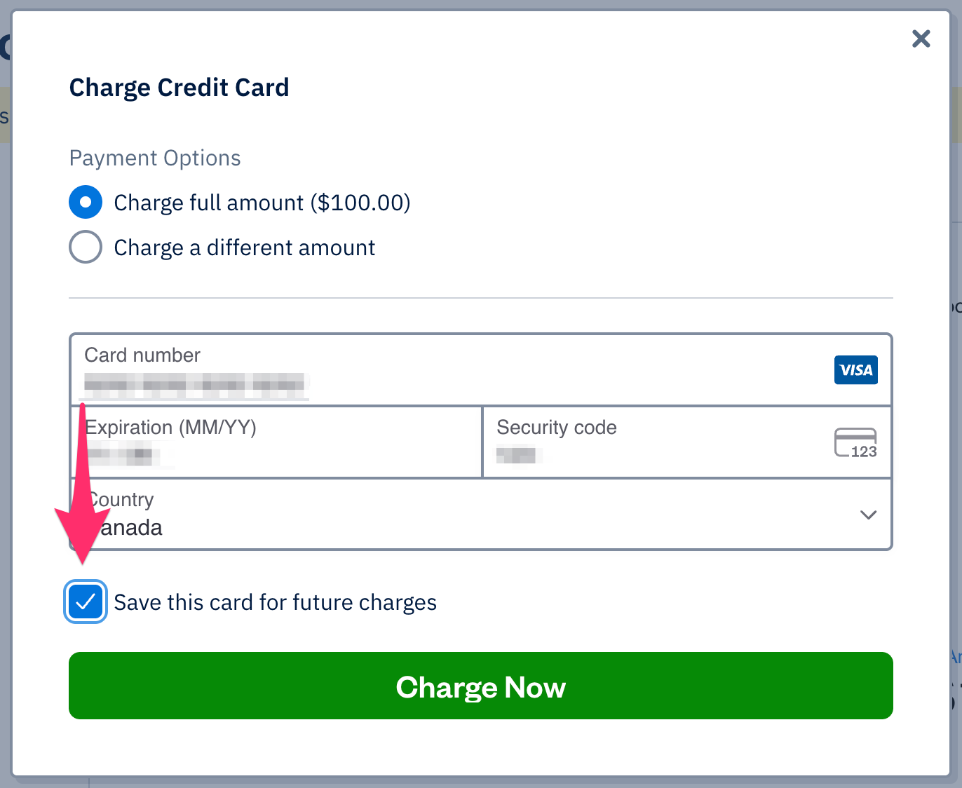 Save this card for future charges checkbox checked off in charge credit card pop-up.