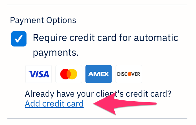 Recurring template's payment options with add credit card link selected.