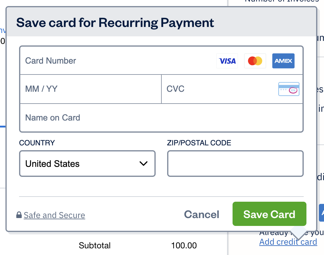 Recurring template with fields to fill out to save payment for recurring payment.