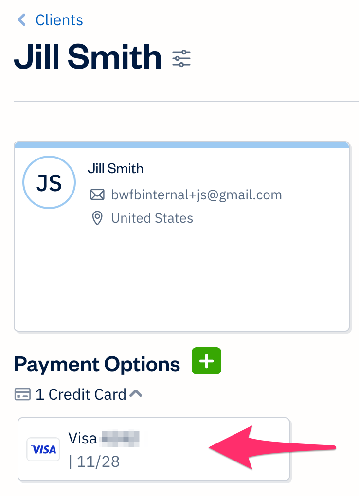 Client profile showing a saved credit card.